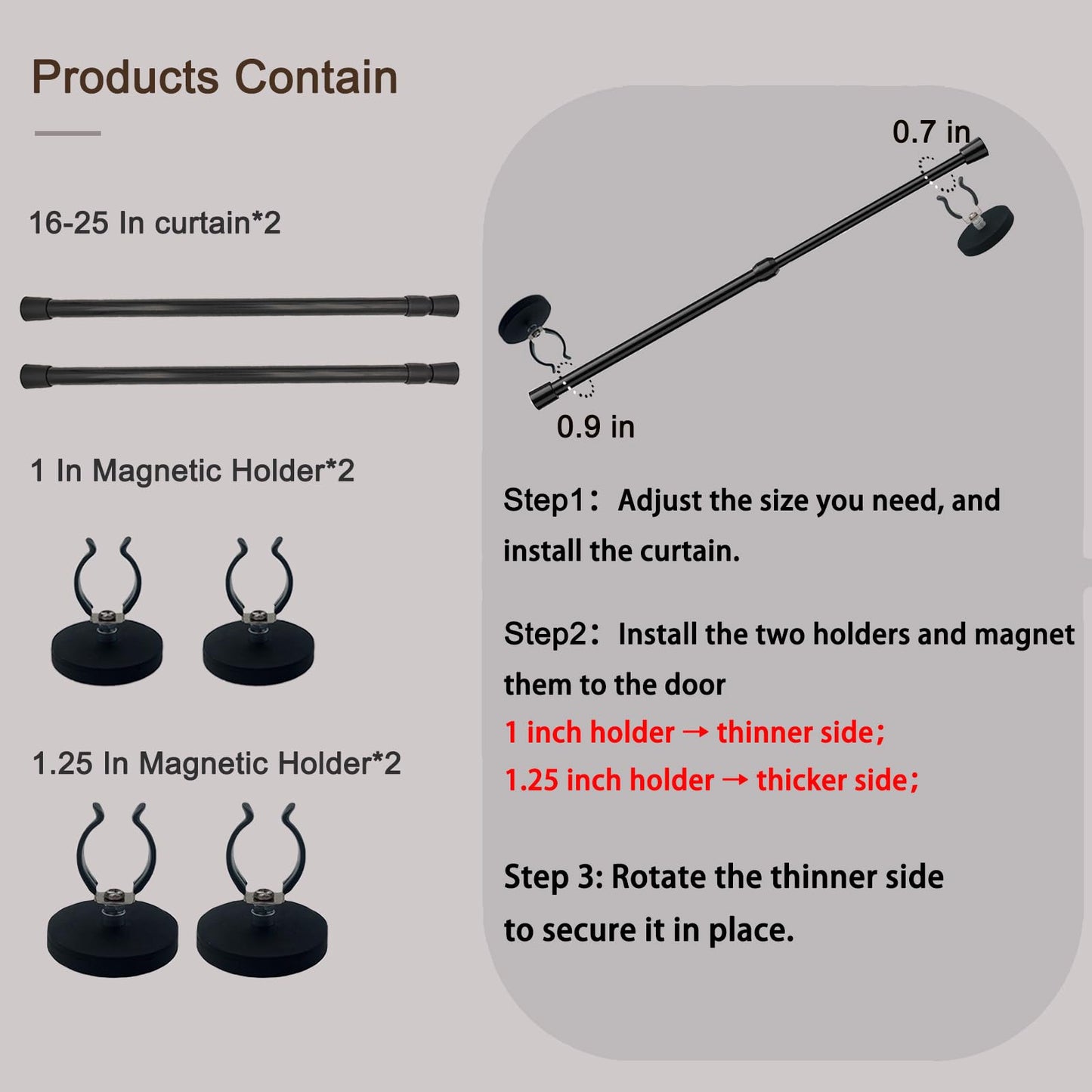 Sumlache Magnetic Curtain Rod for Metal Doors-Adjustable Cafe Magnetic Rod For Bathroom-curtain with Magnetic Holders to Hanging Curtain, towel, clothes ((16 to 25 inch*2 Black))