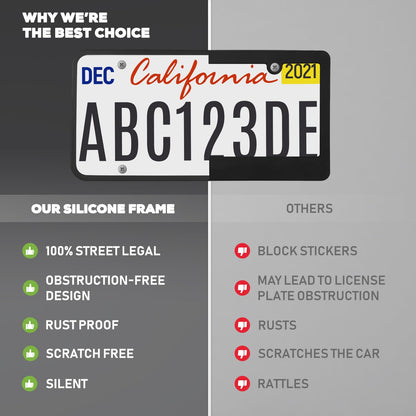 Premium Black Silicone License Plate Frame – 2 Pack, Rust Proof, Rattle Proof, Weather Proof Universal License Plate Holder for Front/Rear, Street Legal, No Obstruction