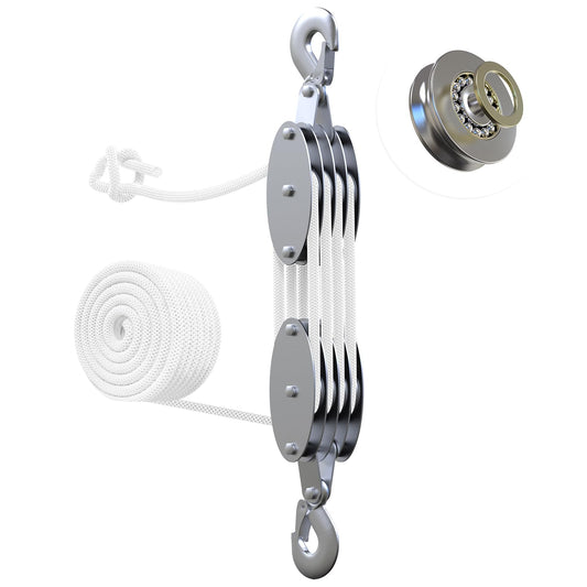 Upgraded Rope Pulley Hoist 4400 LB, 8:1 Lifting Power Pulley Block and Tackle System, Pulley Block 2200LB Loading Capacity, 65ft Heavy Duty Rope Hoist for Hunting Garage Warehouse