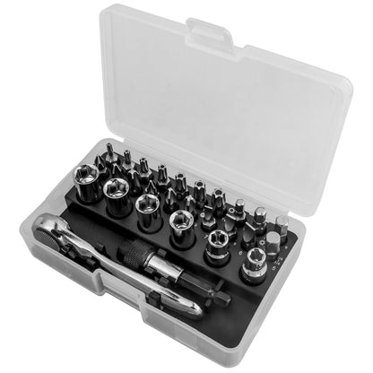 Bestgle Mini Ratchet Set 28 in-1 Right Angle Screwdriver and Bit with Metric Socket Set 1/4 Inch 72 Tooth Small Ratcheting Wrench Low Profile Offset Screwdriver Stubby Ratchet Kit for Tight Spots