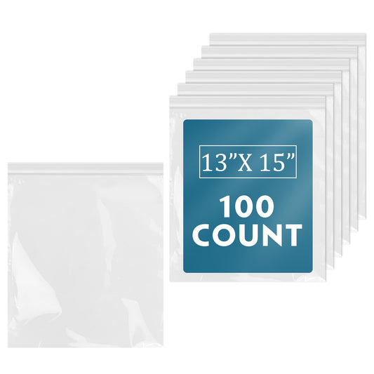 100 Count - 13" x 15", 2 Mil Clear Plastic Reclosable Zip Poly Bags with Resealable Lock Seal Zipper for Clothing, T-Shirts, Pants