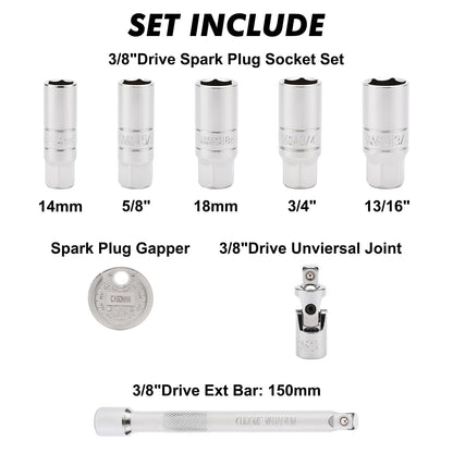 CASOMAN 3/8" Dr. Spark Plug Socket Set, 6-Point, Include 6-Inch Extension Bar, Unviersal Joint & Spark Plug Gapper, 8Piece Set, CR-V Steel