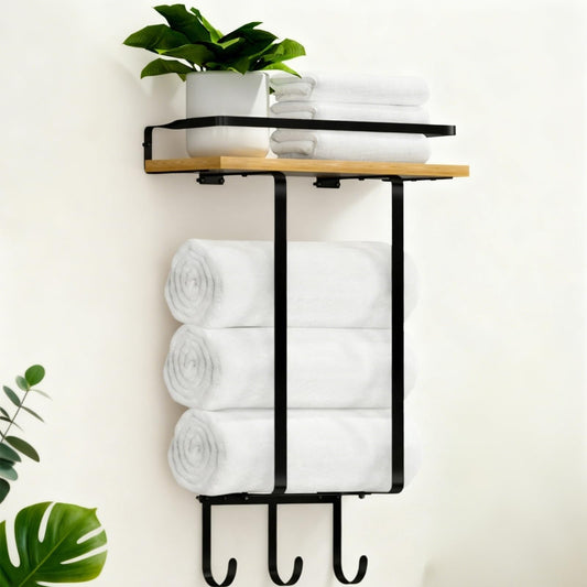 PENGARO Towel Racks for Bathroom Wall Mounted, Towel Holder Wall Mounted with Wooden Floating Shelf & 3 Metal Hooks, Rolled Towel and Hand Towel Rack for Bathroom, Black
