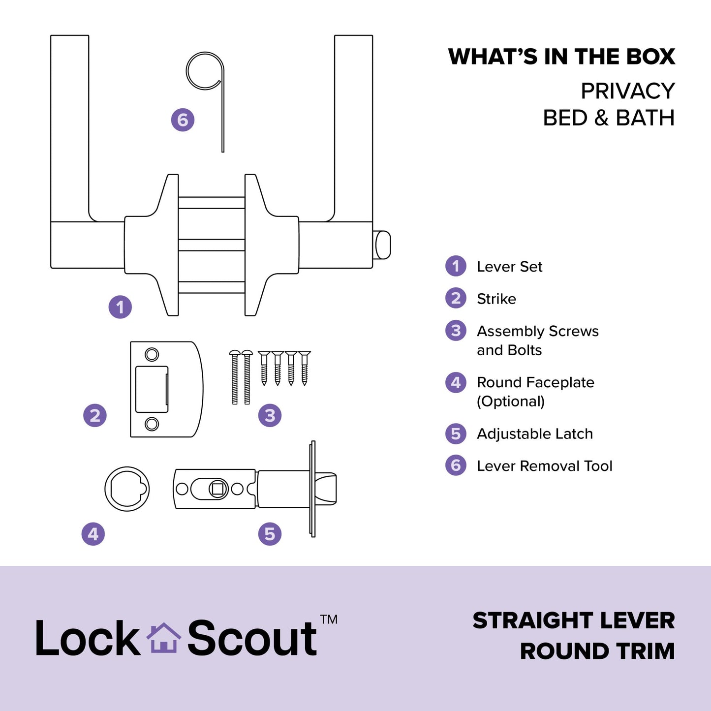 Lock Scout Straight Lever with Round Trim Bedroom and Bathroom Door Handle, Matte Black Finish