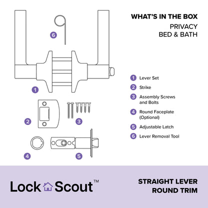 Lock Scout Straight Lever with Round Trim Bedroom and Bathroom Door Handle, Matte Black Finish