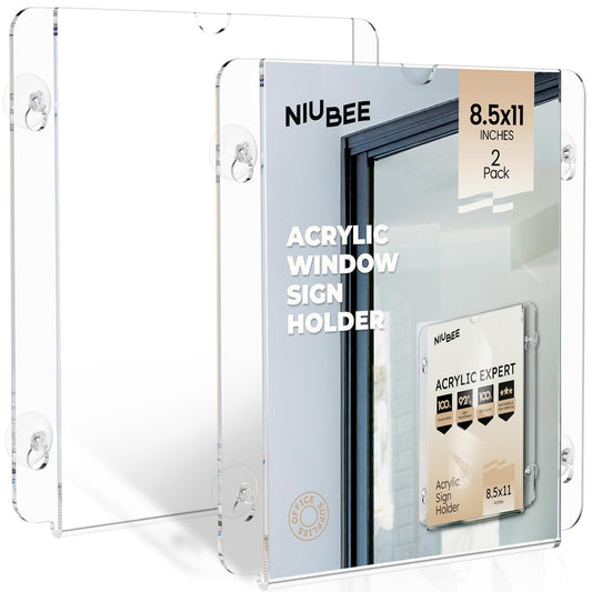 NIUBEE Acrylic Window Sign Holder with Suction Cups 8.5 X 11, Clear Acrylic Frames Glass Door Mount, Displaying Flyers, Notices and Menus, for Office, Store, Home, Restaurant (2 Pack)