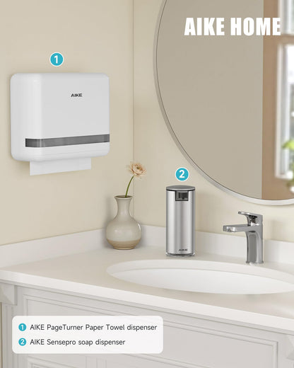 AIKE 200 Sheets Multifold Wall Mount Paper Towel Dispenser,with Lock for Home and Commercial,White(Folded Size L 23cm x W 9cm Or Smaller)