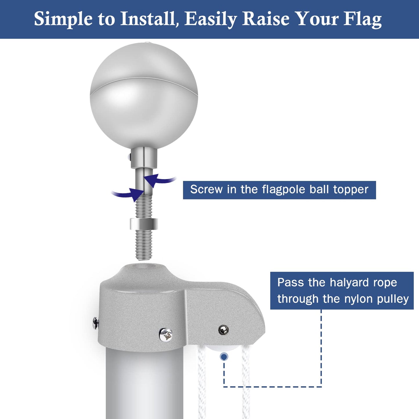 NQ Flagpole Hardware Repair Parts Kit-50Ft Halyard Rope 3" Silver Ball + 6" Zinc Alloy Cleat + 4PCS Metal Swivel Snap Clips + Aluminum Alloy Flagpole Truck with Nylon Pulley for 1.6"-2" Flagpole Top