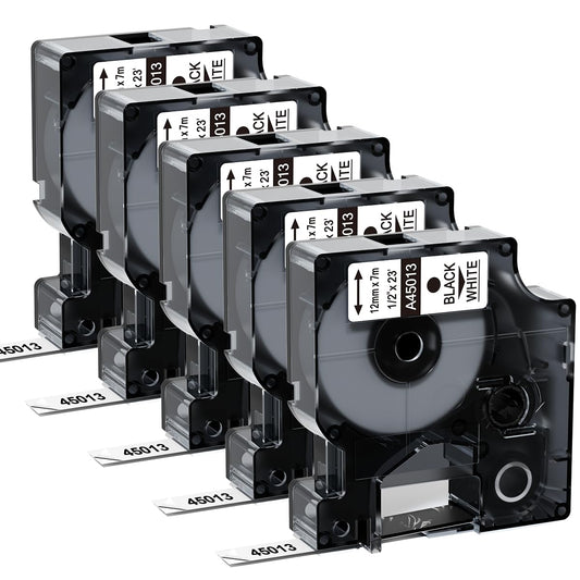 Replace for DYMO Label Maker Refills 45013 Compatible with DYMO D1 Label Tape 1/2'' x 23' (12mm x 7m) 45013s S0720530 for Dymo Labelmanager 160 280 210D 360D 420P, Black on White, 5-Pack