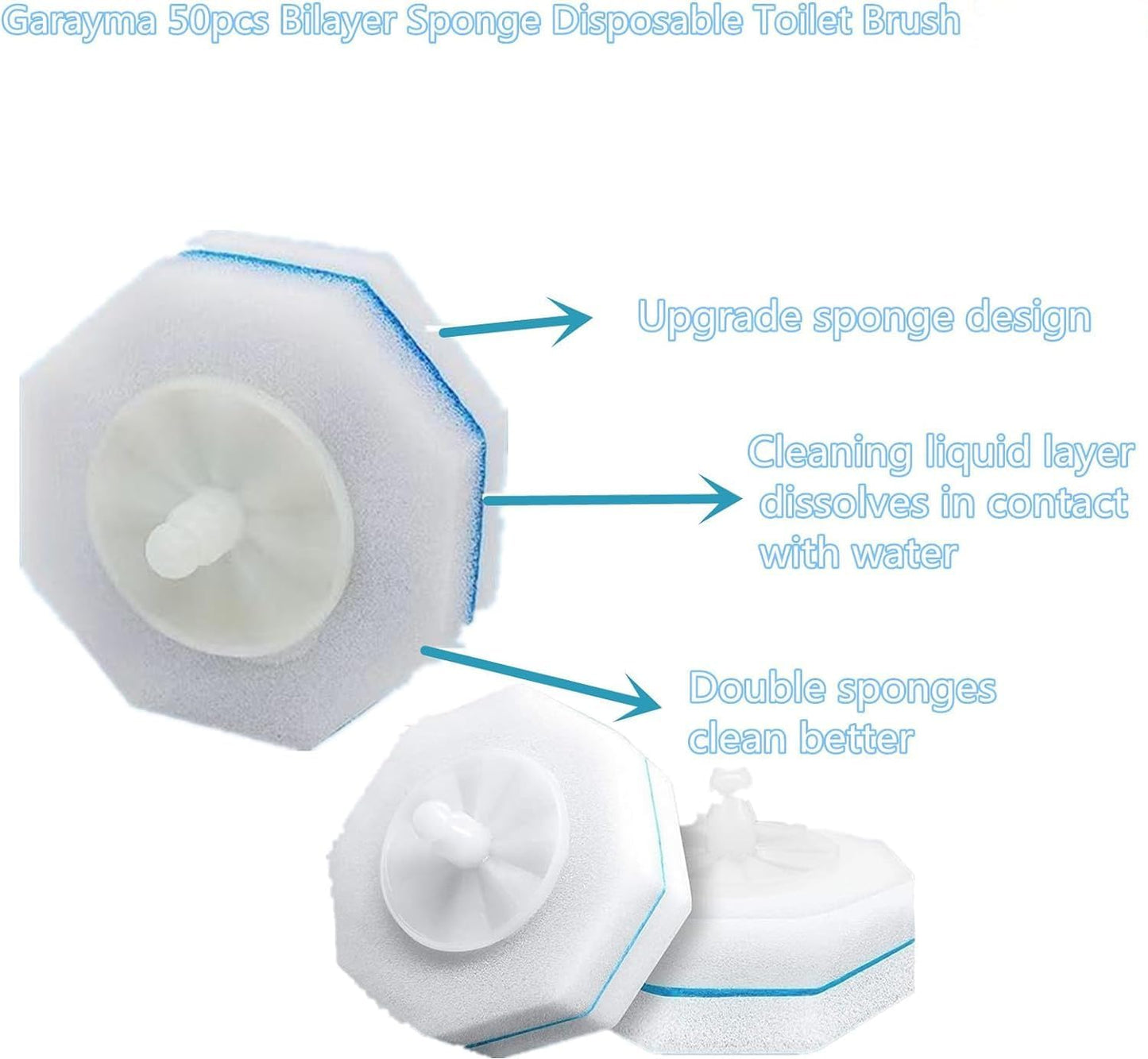 Garayma 50pcs DisposableToilet Bowl Cleaner Brush Double Layer Fibre and Sponge Toilet Brush Refills Cleaning Wand Refills