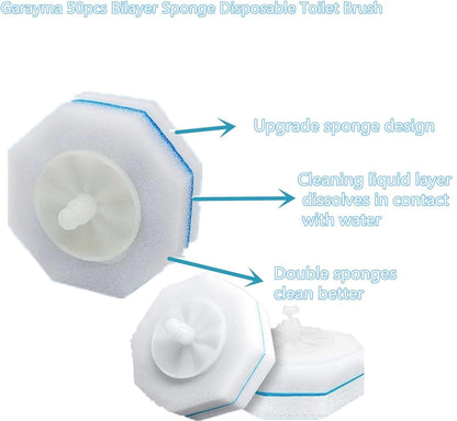 Garayma 50pcs DisposableToilet Bowl Cleaner Brush Double Layer Fibre and Sponge Toilet Brush Refills Cleaning Wand Refills