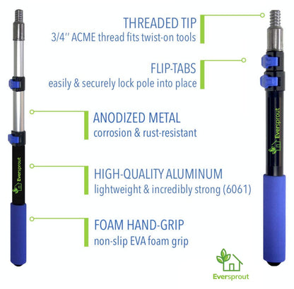 EVERSPROUT 1.5-to-3 Foot Telescopic Extension Pole (8-10 Foot Standing Reach) | Lightweight, Rust-Resistant Aluminum | 3/4” Thread Tip Works for Twist-On Squeegee, Duster, Paint Roller (Pole only)