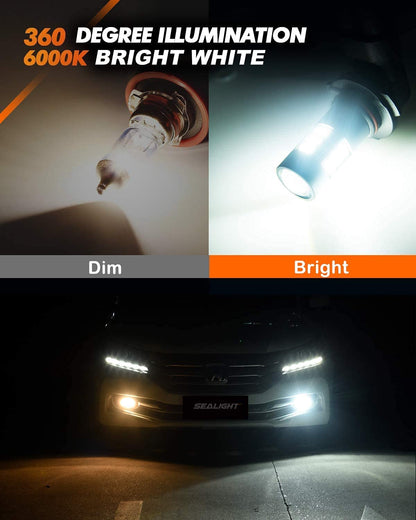SEALIGHT H10/9145/9140/9045/9040 LED Fog Light Bulbs, 6000K Xenon White, 27 SMD Chips, 360-degree Illumination, Non-polarity, Pack of 2