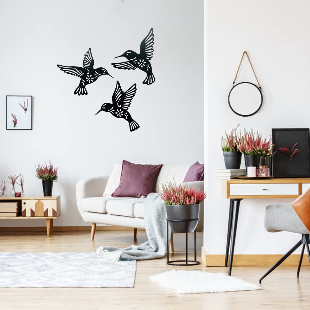 3 Pieces Metal Hummingbird Wall Art Decor, Hollow Out Iron Bird Sculpture, Indoor & Outdoor Wall Hanging Figurines for Garden, Living Room, Bedroom (Black)