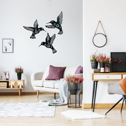 3 Pieces Metal Hummingbird Wall Art Decor, Hollow Out Iron Bird Sculpture, Indoor & Outdoor Wall Hanging Figurines for Garden, Living Room, Bedroom (Black)