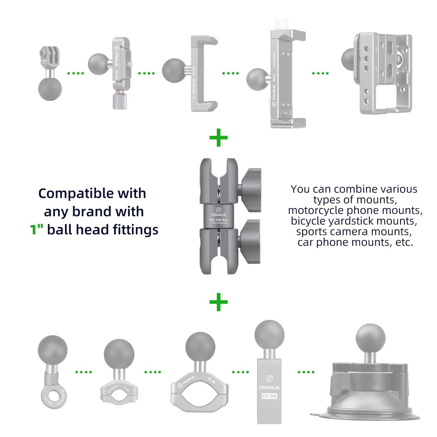 FANAUE Composite Double Socket Swivel Arm,DA-100PRO 3.7" Length, Aluminum Construction, Compatible with RAM Mounts B Size 1" Ball Components