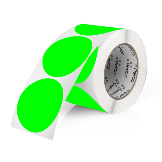 Perco Fluorescent Green 76 mm (3-Inch) Round Circle Dot Sticker Labels with Easy Peel Perforation – 500 Labels per Roll – Strong Adhesion, Vibrant Colors for Organizing, Crafting & More – Made in USA