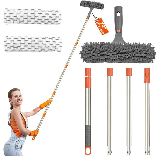 Window Cleaning Tools Window Squeegee: with Extendable Pole 72 Inch - Microfiber Scrubber - for Indoor & Outdoor Glass, Car,High Windows