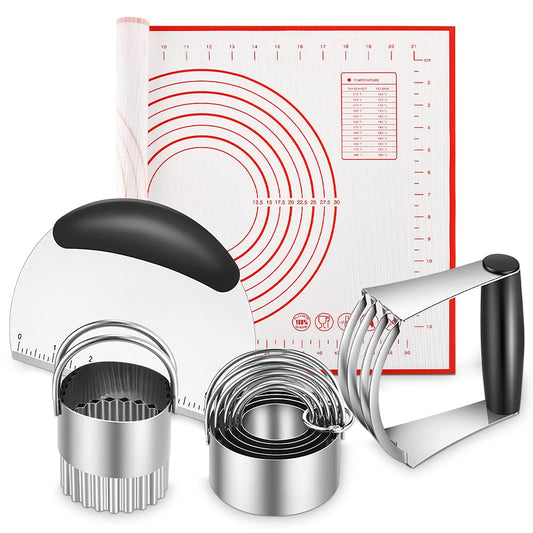 Silicone Baking Mats, Cookie Cutters, Pastry Cutter, Dough Scraper, Stainless Steel Dough Blender & Biscuit Cutter Set, Dough Cutter Baking Pastry Mat Dough Blender Tools (5 Pcs/Set)