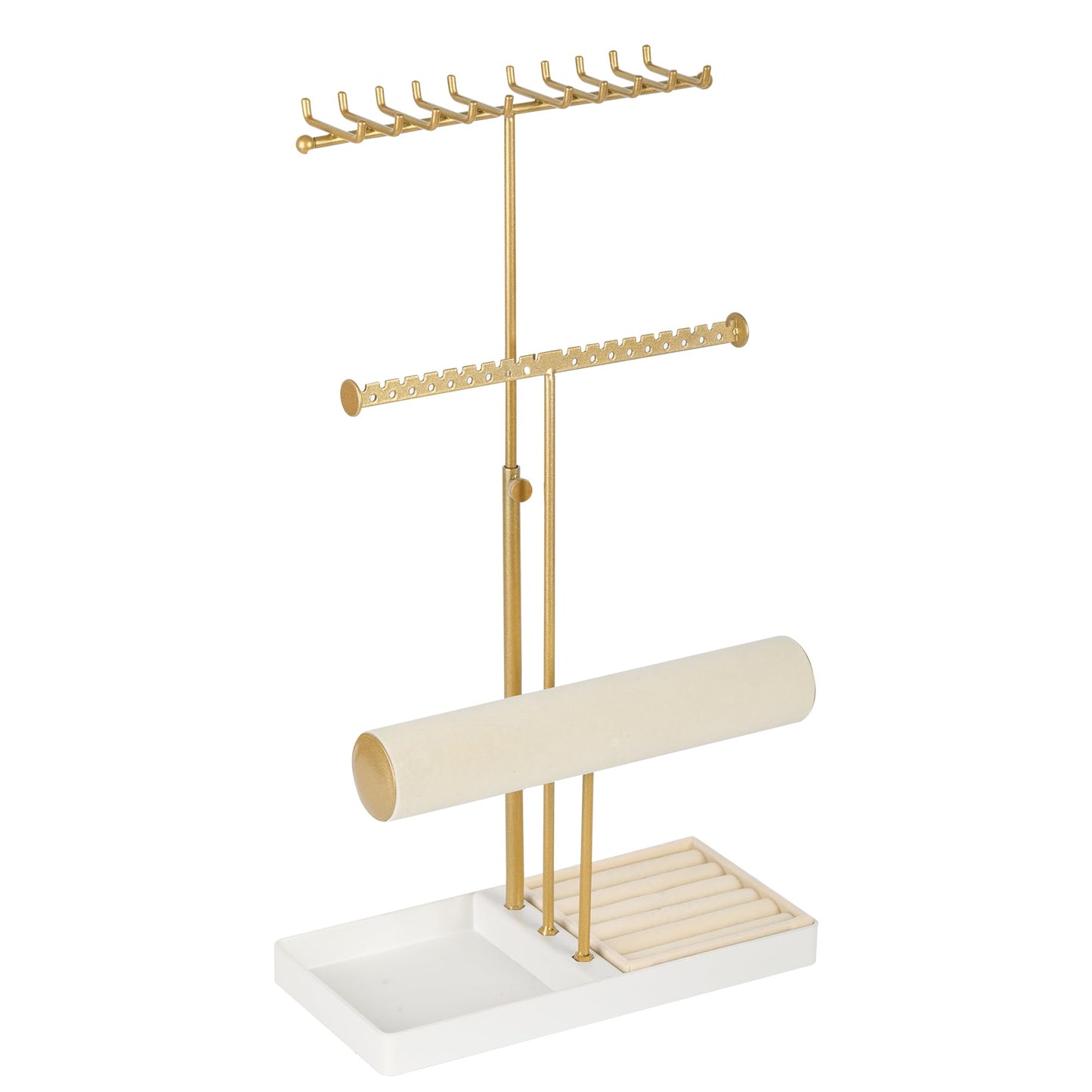 Tirzah 3-Tier Adjustable Jewelry Holder Organizer Stand with 20 Necklace Hooks, 18 Earring Holes and Notches, Bracelet Holder, 6 Ring Rolls, and Jewelry Tray for Girls, Women
