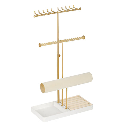 Tirzah 3-Tier Adjustable Jewelry Holder Organizer Stand with 20 Necklace Hooks, 18 Earring Holes and Notches, Bracelet Holder, 6 Ring Rolls, and Jewelry Tray for Girls, Women