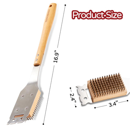 ROCKSHEAT Grill Brush and Scraper, 16.9" Grill Cleaning Brush with Heat Resistant Stainless Steel Bristles & Comfortable Wood Handle, BBQ Grill Brush for Outdoor Grill, BBQ Accessories Gift for Men
