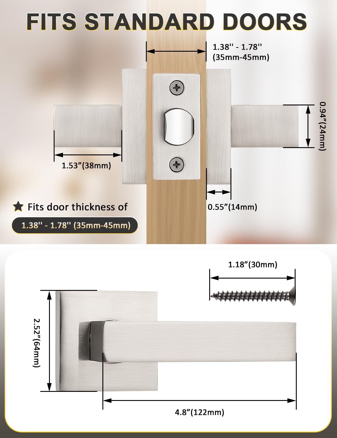 Tinewa 1 Pack No Lock Passage Brushed Nickel Door Lever, Reversible Door Handle Without Locking for Right/Left Handed Door, Heavy Duty Square Lever Set for Interior/Exterior Use