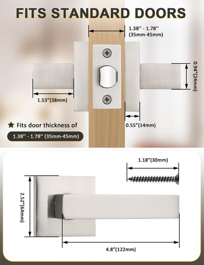 Tinewa 1 Pack No Lock Passage Brushed Nickel Door Lever, Reversible Door Handle Without Locking for Right/Left Handed Door, Heavy Duty Square Lever Set for Interior/Exterior Use
