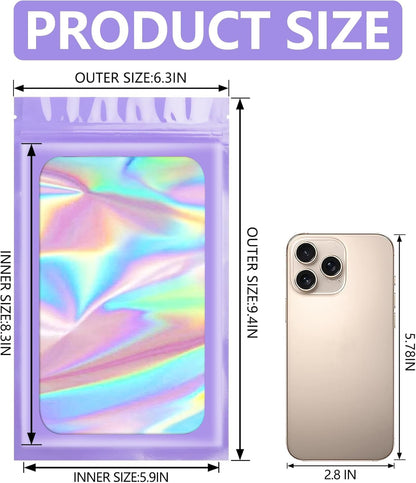 Funfery 100 pcs Purple Mylar Holographic Resealable Bags - Clear Seal Foil Pouch Zipper Bag for Food Storage, Gloss, Lash, Jewelry Packing - Small Business (6.3x9.4In)