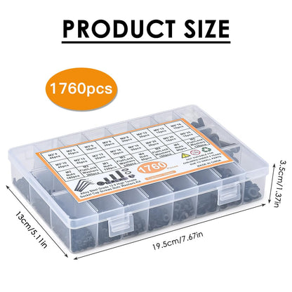 TIMESETL 1760pcs M2 M3 M4 M5 Metric Screw Assortment, Grade 12.9 Alloy Steel Hex Socket Screws Bolt with Hex Nuts Washers, Black Metric Screw Kit with 4PCS Hex Wrenches