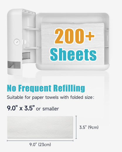 AIKE 200 Sheets Multifold Wall Mount Paper Towel Dispenser,with Lock for Home and Commercial,White(Folded Size L 23cm x W 9cm Or Smaller)
