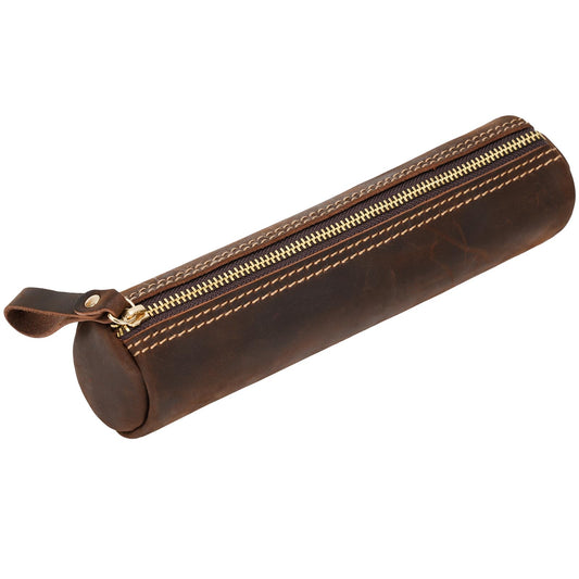 ECHSRT Small Pencil Pouch-Genuine Full-Grain Leather Pencil Case for Men- Vintage Leather Pouch for Adults-Stationery Organizer Bag for Work & Travel-Cylinder-Coffee