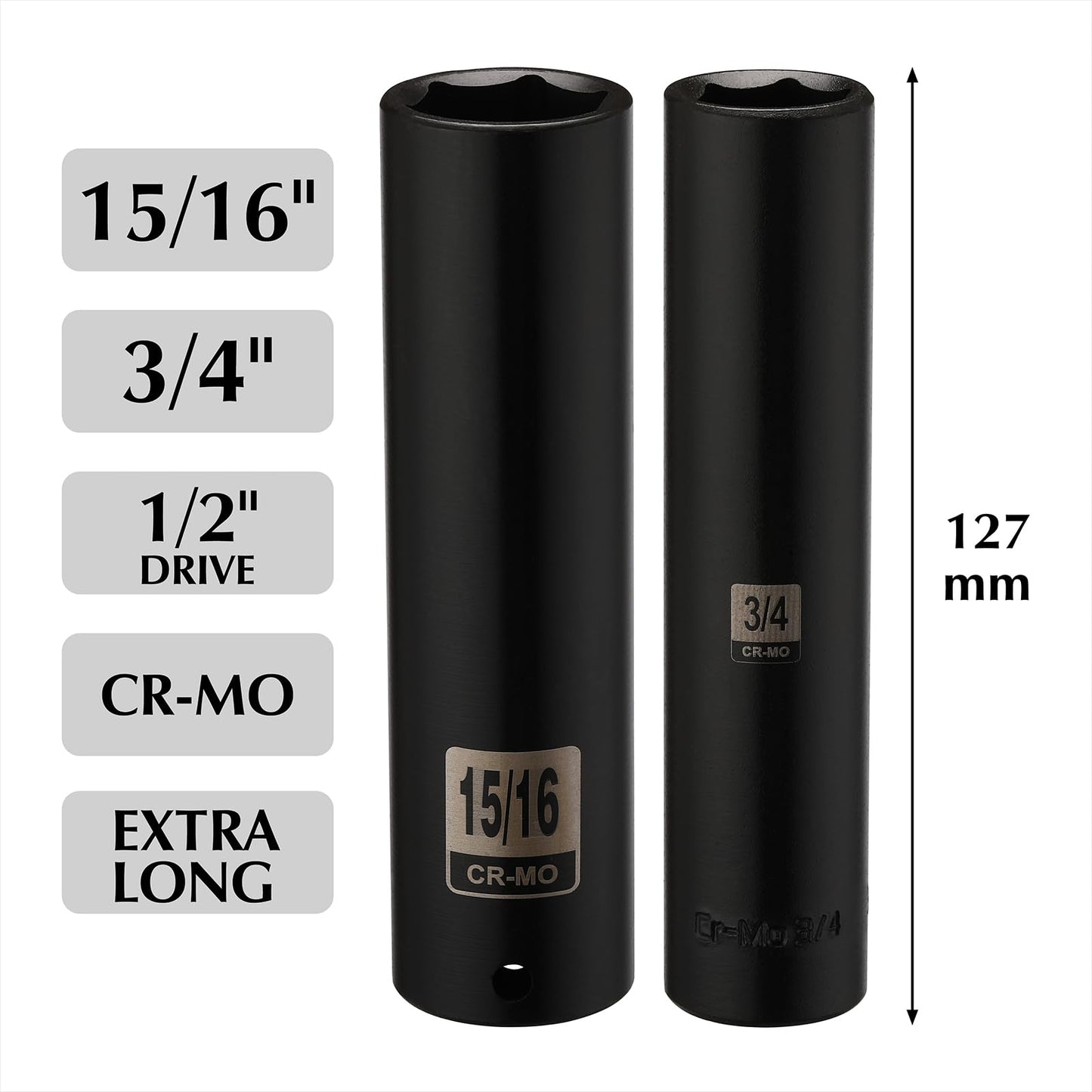 EMENTOL 2PCS 1/2 Inch Drive Extra Long Deep Impact Socket Set- 3/4 Inch and 15/16 Inch, CR-MO, SAE, 6 Point Extra Deep Socket, 5" Length
