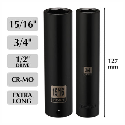 EMENTOL 2PCS 1/2 Inch Drive Extra Long Deep Impact Socket Set- 3/4 Inch and 15/16 Inch, CR-MO, SAE, 6 Point Extra Deep Socket, 5" Length