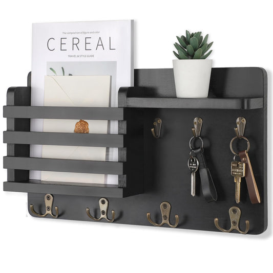 Nekon Mail Holder for Wall Mail Organizer with Key Hooks Hallway Farmhouse Decor Letter Sorter Made of Natural Pine with Floating Shelf and Flush Mount Hardware (16.8Inch x 10Inch x 3.2Inch) (Black)