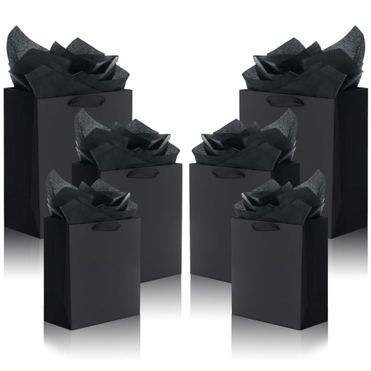QIELSER 12 Pack Black Gift Bags with Ribbon Handles, Kraft Paper Gift Bags with Tissue Paper 3 Different Sizes in 21.5cm, 25.5cm and 33cm for Party Favor, Wedding, Retail, Business, Graduations