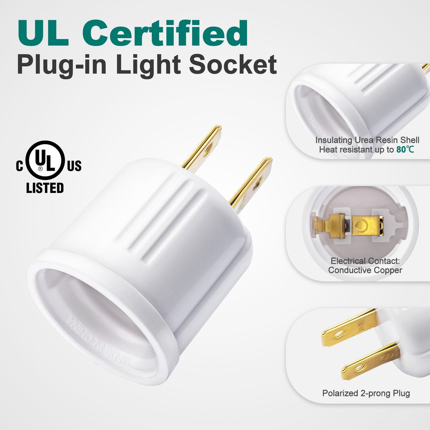 DiCUNO Outlet to E26 Light Socket Adapter, Bulb Socket with Polarized Plug, UL/CSA Listed, 660W 125V, White, 10-Pack