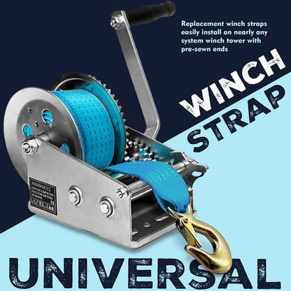 X5MPLXPMX Heavy-Duty Marine-Grade Boat Trailer Winch Strap Kit (2" x 20', 12,000 lbs Break Strength) for PWC, Pontoons & Fishing Boats – Includes Forged Hook & Work Gloves, Blue