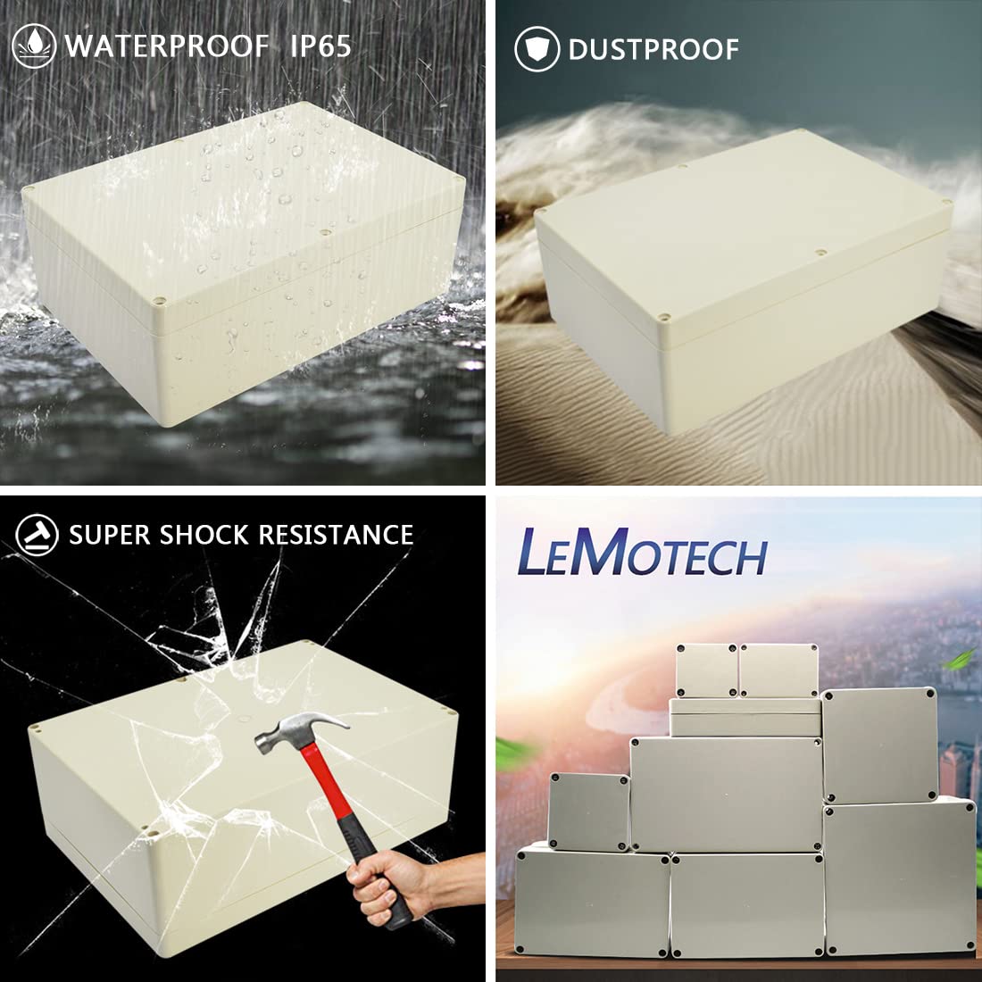 LeMotech Waterproof Dustproof IP65 ABS Plastic Junction Box Universal Electric Project Enclosure Pale Gray 10.4 x 7.2 x 3.7 inch (263 x 182 x 95 mm)