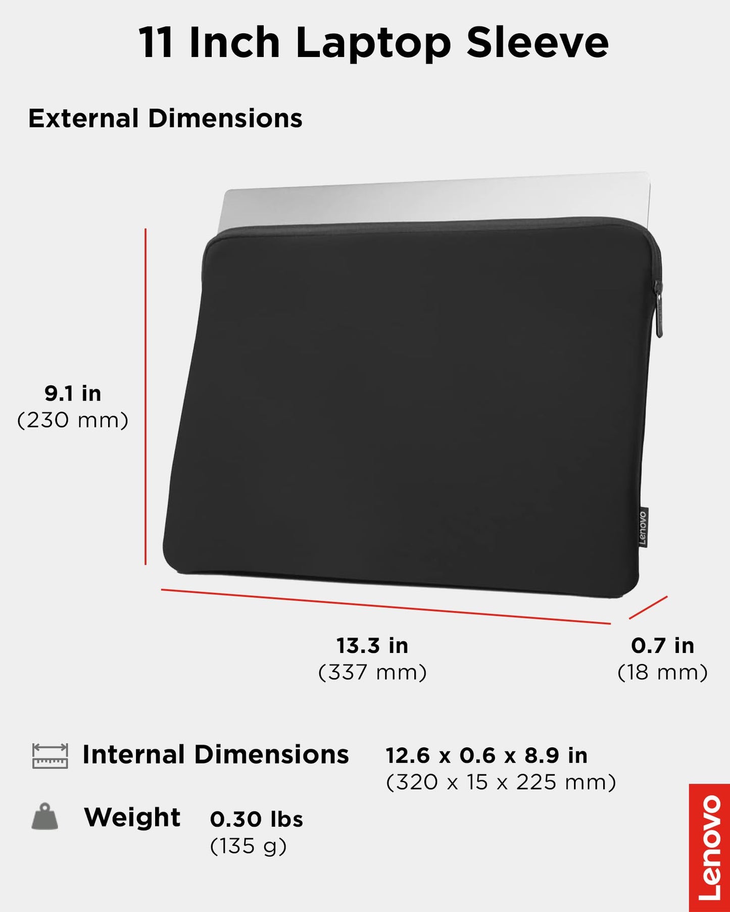 Lenovo Basic Laptop Sleeve 11 Inch Notebook/Tablet Compatible with MacBook Air/Pro Neoprene Material - Soft Fleece Lining - Zippered Top Opening - Black