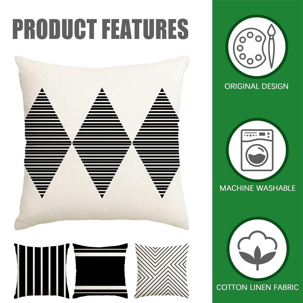 RABUSOFA Black and White Pillow Covers 18x18 Inch Set of 4,Outdoor Pillows Waterproof Boho Farmhouse Decroaions Cushion Cases for Sofa Couch Patio Furniture (03-B18)
