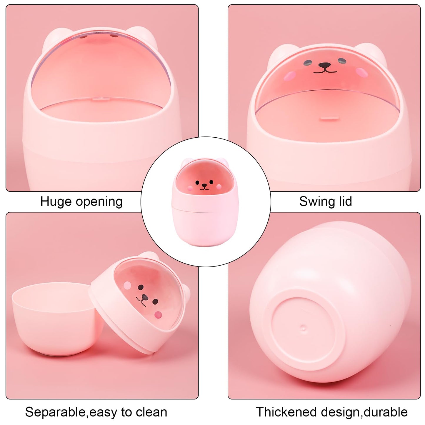 Witwatia 4 Pcs Small Trash Can with Swing Lid, Cute Bear Removable Desktop Trash Can 6 Garbage Bags, Plastic Wastebasket Garbage Bin for Home, Office, Kitchen, Vanity Tabletop, Bedroom, Bathroom