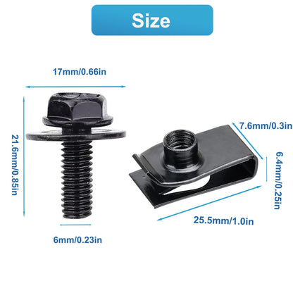 CSMATEYEAH 100 Pcs M6-1.0 Body Bolts U Nuts Kits, Bumper Fender Liner Push Pull Metal Rust-Resistant U Retainer, Universal for Most Cars Fastening Accessories, Steel, Black