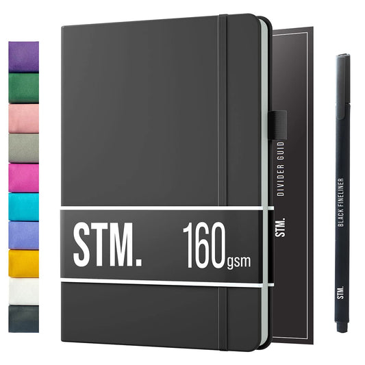 A5 Bullet Dotted Journal Notebook by STM | Thick Bleedproof 160gsm Paper, 150 Pages | Lay Flat Vegan Leather Hardcover | 2 Bookmarks, Printed Page numbers | Black Pen | 5.75 x 8.5 in | Charcoal