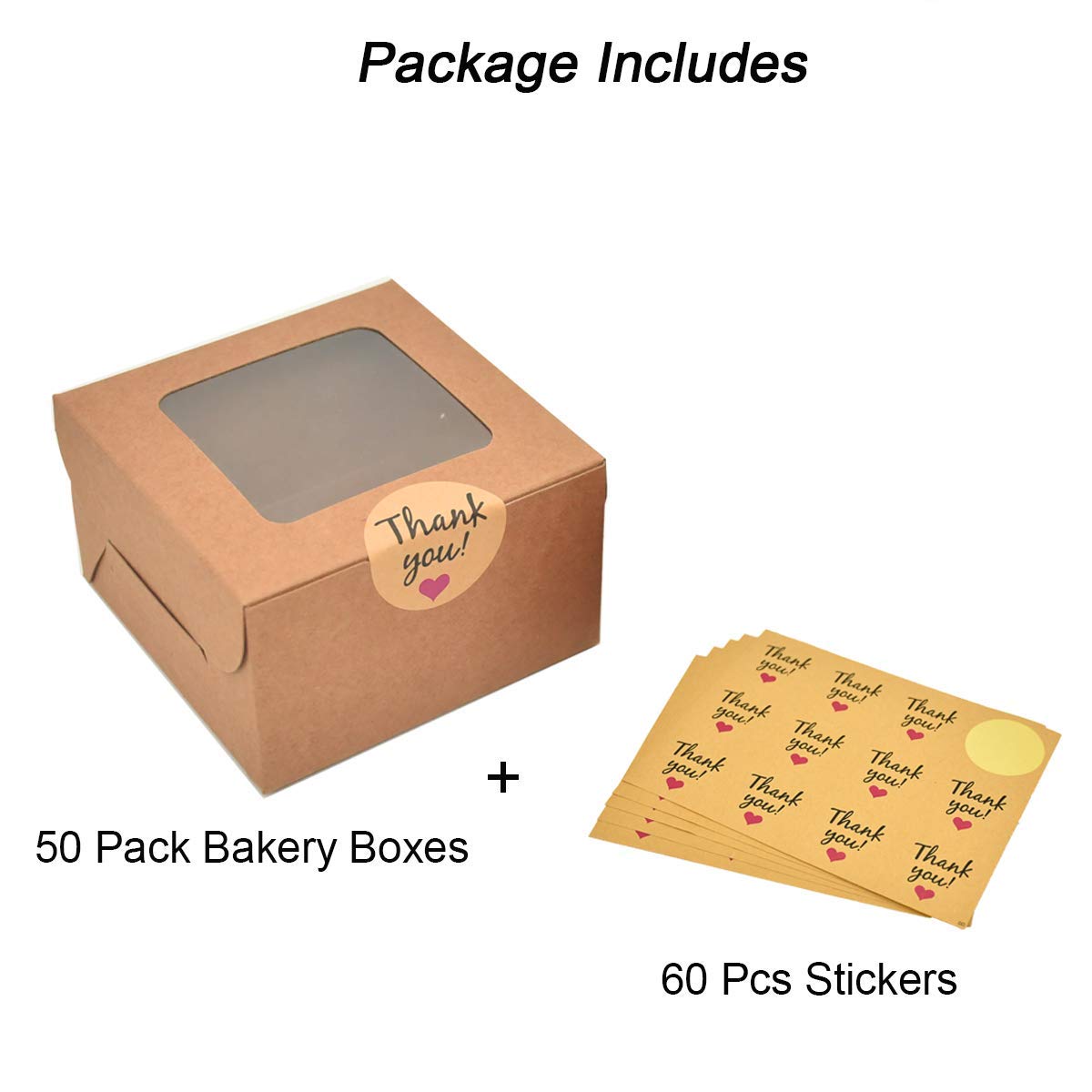50 Pack 4 x 4 x 2.5 Inches Brown Bakery Boxes Kraft Paper Pastry Boxes with Window Gift Packaging Boxes for Pastries, Mini Cakes, Cookies, Donut, Pie Slice, and More