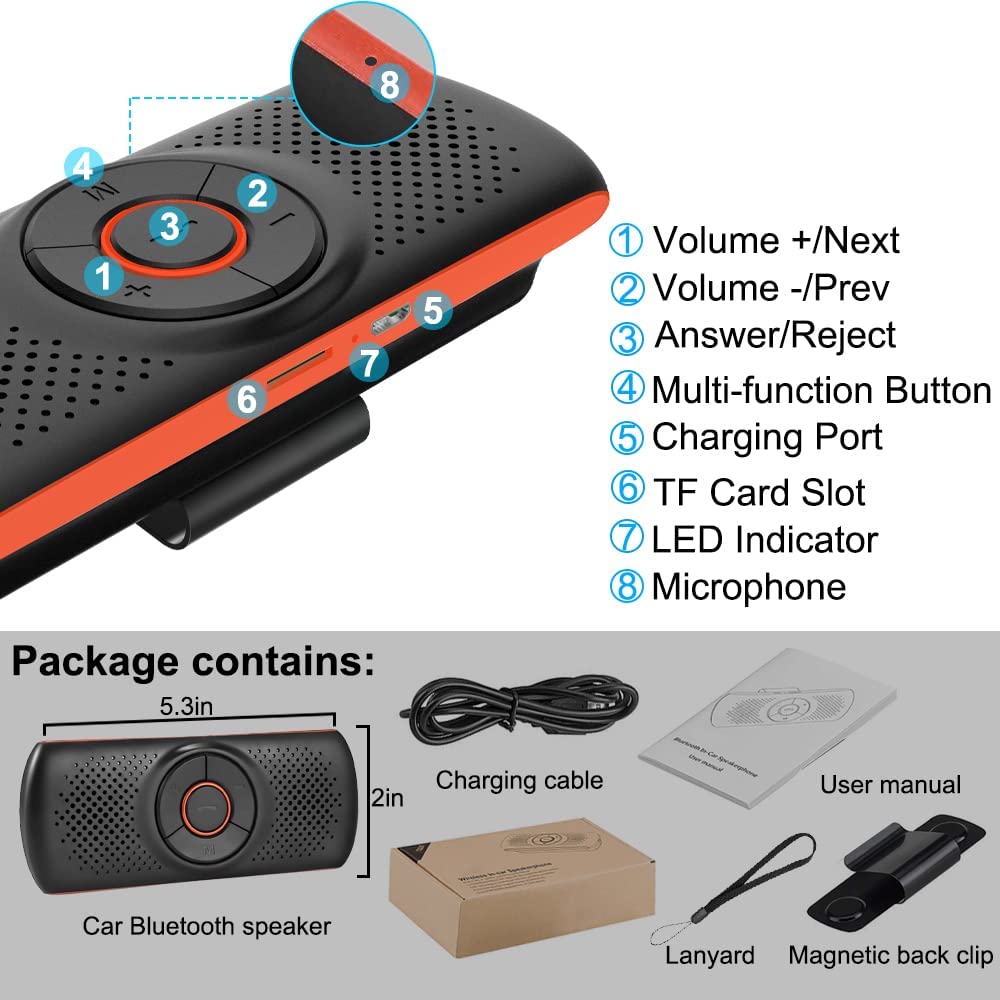 Car Bluetooth Speaker for Cell Phone, SKYBESS Portable Wireless in Car Speakerphone for Handsfree Talking, Bluetooth Car Kit Music Player with Visor Clip, Support Siri Google Assistant TF Card