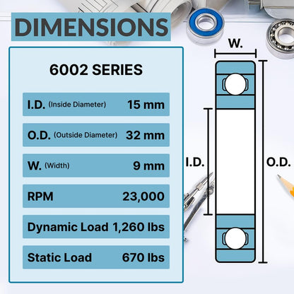 PGN (10 Pack) 6002-2RS Bearing - Lubricated Chrome Steel Sealed Ball Bearing - 15x32x9mm Bearings with Rubber Seal & High RPM Support