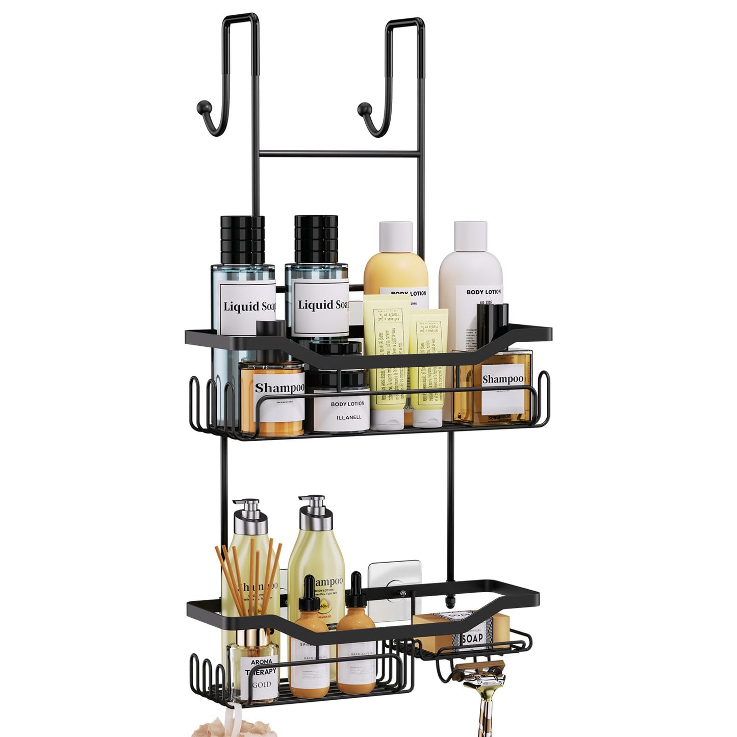 HapiRm Shower Caddy Hanging Over the Door, 2 Tier No Drilling Bathroom Shelf, Shower Shelf with Soap Holder, Waterproof Rust Resistant Bathroom Rack for Shampoo, Conditioner, Soap, Towel, Black
