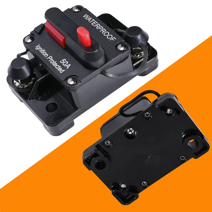 50 Amp Circuit Breaker with Manual Reset Wire Lugs Copper Washer and Screws for Boat Trolling Motor Marine ATV Trailer Vehicles 12V-48V DC Waterproof Audio System Fuse (50A)