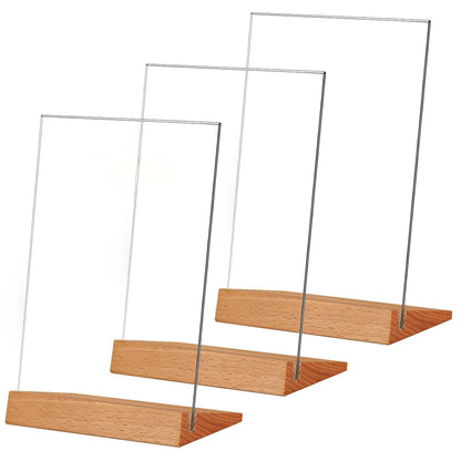 TONICE® 3 Pack 8.5x11 Acrylic Sign Holder L Shape Slant Back Design Clear Acrylic Frame Wood Base, Table Menu Display Stand, Flyer Display (Optional 8.5x11/5x7 Inch L/T Shape)